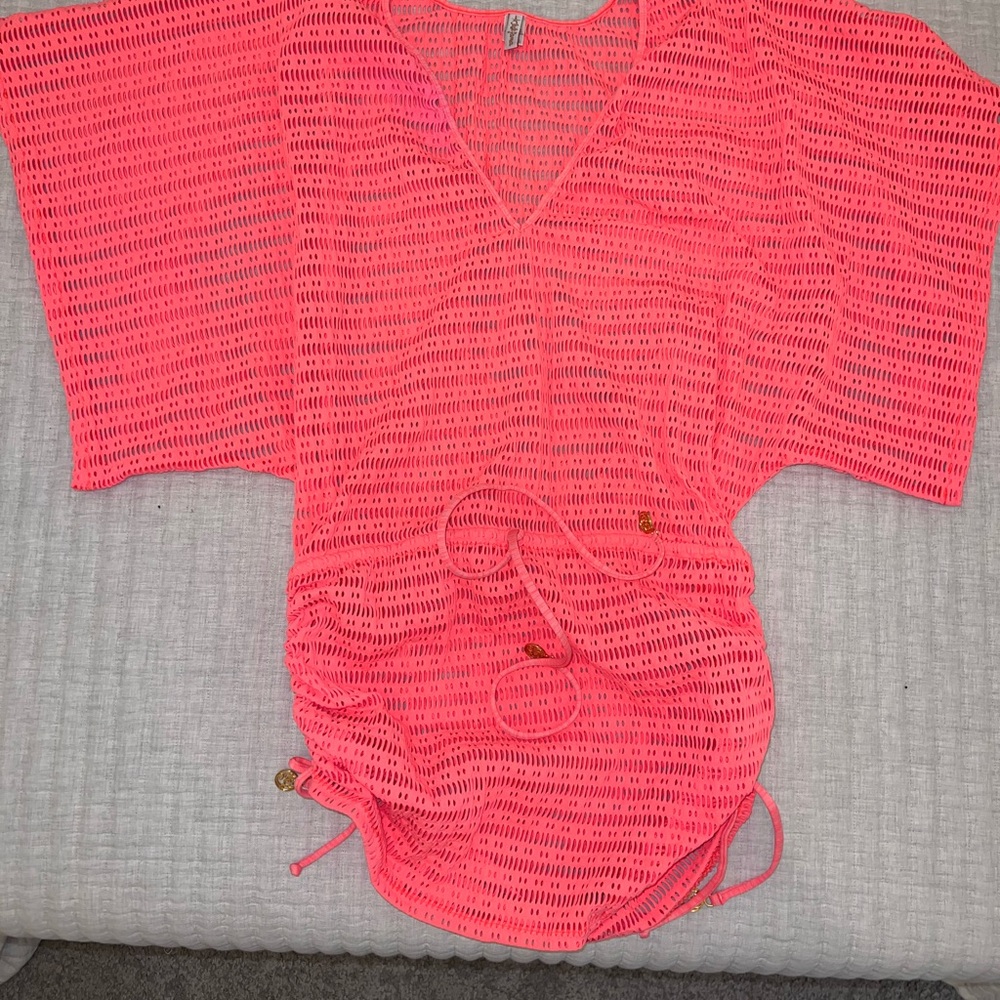 Luli Fama Neon Coral Open-Knit V-Neck Swim Coverup